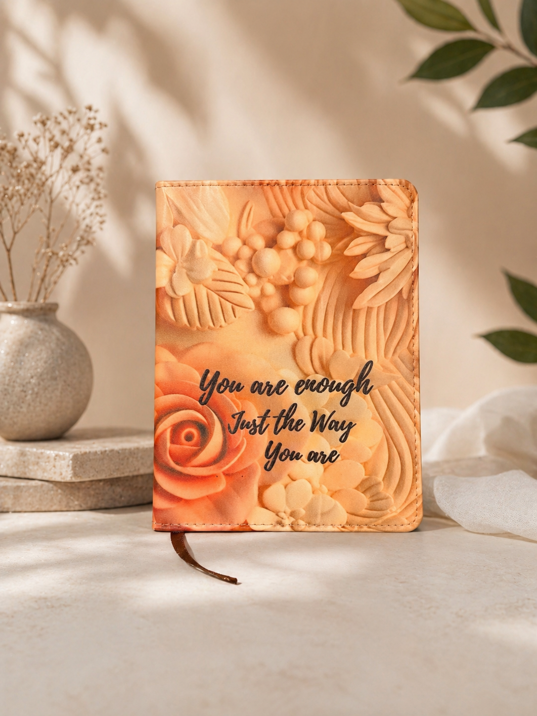 Peach Floral “You Are Enough” Inspirational Notebook – Botanical Journal, Self-Love Gift, Aesthetic Writing Journal